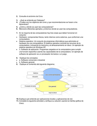 2. Consulte el acrónimo de Ccna

3. ¿Qué se entiende por Gateway?
4. ¿Cuáles son los objetivos del curso y que recomendaciones se hacen a los
   aprendices?
5. ¿Cómo y dónde se usan las computadoras?
6. Mencione diferentes ejemplos y entornos donde se usan las computadoras.

7. En la mayoría de las computadoras hay tres cosas que deben funcionar en
   conjunto:
   Hardware: componentes físicos, tanto internos como externos, que conforman una
   computadora.
   Sistema operativo: Un conjunto de programas informáticos que administra el
   hardware de una computadora. El sistema operativo controla los recursos de la
   computadora, incluyendo la memoria y el almacenamiento en disco. Un ejemplo de
   sistema operativo es Windows XP.
   3. Software de aplicación: Programas cargados en la computadora para cumplir
   una función específica usando las capacidades de la computadora. Un ejemplo de
   software de aplicación es un procesador de textos o un juego.

8.  Explique los conceptos:
   a. Software comercial e industrial
   b. Software general.
9. Explique el contenido del siguiente diagrama:




10. Explique qué entiende por aplicaciones locales y aplicaciones de red.
11. Complete la siguiente actividad y verifique su solución usando la interfaz gráfica de
    Cisco:
 