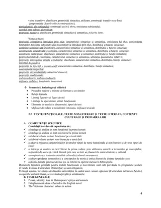 verbe tranzitive: clasificare, proprietăţi sintactice, utilizare; construcţii tranzitive cu două
complemente (double object constructions)
particularităţi ale subiectului: construcţii cu it şi there, omisiunea subiectului;
acordul între subiect şi predicat;
propoziţii negative: clasificare, proprietăţi sintactice şi semantice, polarity items.
‫٭‬Sintaxa frazei:
propoziţii completive introduse prin that: caracteristici sintactice şi semantice, omisiunea lui that, concordanţa
timpurilor, folosirea subjonctivului în completiva introdusă prin that, distribuţie şi funcţii sintactice;
completiva infinitivală: clasificare, caracteristici sintactice şi semantice, distribuţie şi funcţii sintactice;
construcţiile gerundivale: clasificare, caracteristici sintactice şi semantice, distribuţie şi funcţii sintactice;
construcţii participiale: clasificare, caracteristici sintactice şi semantice, distribuţie şi funcţii sintactice;
propoziţia relativă: clasificare, caracteristici sintactice şi semantice, utilizarea pronumelor relative;
propoziţii interogative directe şi indirecte: clasificare, caracteristici sintactice, distribuţie, funcţii sintactice;
întrebări disjunctive
propoziţii de tip cleft şi pseudo-cleft: caracteristici sintactice, distribuţie, funcţii sintactice;
concordanţa timpurilor;
propoziţii circumstanţiale (adverbial clauses);
propoziţii condiţionale;
vorbirea directă, vorbirea indirectă.
mijloace emfatice (emphasis, inversion)
 Semantică, lexicologie şi stilistică
• Procedee majore şi minore de formare a cuvintelor
• Relaţii lexicale
• Limbaj figurativ şi figuri de stil
• Limbaje de specialitate, stiluri funcţionale
• Elemente de analiză a discursului; tipuri de text
• Mijloace de redare a modalităţii: intonaţia, mijloace lexicale
2.2 TEXTE FUNCŢIONALE, TEXTE NON-LITERARE ŞI TEXTE LITERARE, CONTEXTE
CULTURALE ŞI PREDAREA LOR
A. COMPETENŢE SPECIFICE
Candidaţii vor dovedi capacitatea de :
 a înţelege şi analiza un text funcţional la prima lectură
 a înţelege şi analiza un text non-literar la prima lectură
 a elabora/redacta un text funcţional pe o temă dată
 a elabora/redacta un text non-literar pe o temă dată
 a adecva predarea caracteristicilor diverselor tipuri de texte funcţionale şi non-literare la diverse tipuri de
clase
 a înţelege şi analiza un text literar la prima vedere prin utilizarea corectă a termenilor şi conceptelor,
noţiunilor de teorie şi critică literară prin care un text se plasează în context istoric şi cultural
 a conştientiza şi transmite atitudini culturale (cultural awareness)
 a adecva predarea termenilor şi a conceptelor de teorie şi critică literară la diverse tipuri de clase
 a aborda temele generale de mai jos cu referire la operele incluse în bibliografie.
Domeniile tematice generale pentru textele funcţionale şi non-literare sunt cele prevăzute în programele şcolare
(Trunchi Comun, Curriculum Diferen iat) şi sunt obligatorii.ț
Pe lângă acestea, în vederea desfăşurării activităţilor în cadrul unor cursuri opţionale (Curriculum la Decizia colii.)Ș
cu specific cultural/literar, se vor studia/pregăti şi următoarele:
B. TEME GENERALE
1. Power, identity, love in Shakespeare’s plays and sonnets
2. Enlightenment ideas reflected in the English novel
3. The Victorian character: values in action
4
 