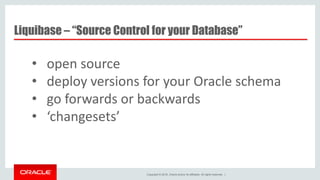Copyright © 2016, Oracle and/or its affiliates. All rights reserved. |
Liquibase – “Source Control for your Database”
• open source
• deploy versions for your Oracle schema
• go forwards or backwards
• ‘changesets’
 