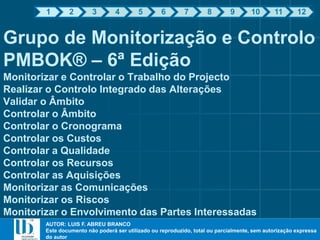 AUTOR: LUIS F. ABREU BRANCO
Este documento não poderá ser utilizado ou reproduzido, total ou parcialmente, sem autorização expressa
do autor
AUTOR: LUIS F. ABREU BRANCO
Este documento não poderá ser utilizado ou reproduzido, total ou parcialmente, sem autorização expressa
do autor
Grupo de Monitorização e Controlo
PMBOK® – 6ª Edição
Monitorizar e Controlar o Trabalho do Projecto
Realizar o Controlo Integrado das Alterações
Validar o Âmbito
Controlar o Âmbito
Controlar o Cronograma
Controlar os Custos
Controlar a Qualidade
Controlar os Recursos
Controlar as Aquisições
Monitorizar as Comunicações
Monitorizar os Riscos
Monitorizar o Envolvimento das Partes Interessadas
1 2 3 4 5 6 7 8 9 10 11 12
 
