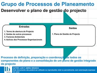 AUTOR: LUIS F. ABREU BRANCO
Este documento não poderá ser utilizado ou reproduzido, total ou parcialmente, sem autorização expressa
do autor
Entradas
1. Termo de abertura do Projecto
2. Saídas de outros processos
3. Factores Ambientais
4. Activos dos Processos Organizacionais
Saídas
1. Plano de Gestão do Projecto
Processo de definição, preparação e coordenação de todos os
componentes do plano e a consolidação de um plano de gestão integrado
do projecto
Desenvolver o plano de gestão do projecto
Grupo de Processos de Planeamento
 