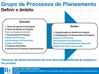 AUTOR: LUIS F. ABREU BRANCO
Este documento não poderá ser utilizado ou reproduzido, total ou parcialmente, sem autorização expressa
do autor
Entradas
1. Termo de abertura do Projecto
2. Plano de Gestão do Projecto
Plano de Gestão do Âmbito
3. Documentos do Projecto
Registo de Premissas
Documentação dos Requisitos
Registo dos Riscos
4. Factores Ambientais
5. Activos dos Processos Organizacionais
Saídas
1. Especificação do Âmbito do Projecto
2. Actualizações de Documentos do Projecto
Registo de Premissas
Documentação dos Requisitos
Matriz de Rastreabilidade dos Requisitos
Registo das Partes Interessadas
Processo de desenvolvimento de uma descrição detalhada do projecto e
do produto
Definir o âmbito
Grupo de Processos de Planeamento
 
