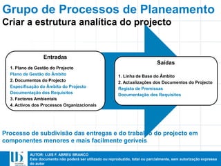 AUTOR: LUIS F. ABREU BRANCO
Este documento não poderá ser utilizado ou reproduzido, total ou parcialmente, sem autorização expressa
do autor
Entradas
1. Plano de Gestão do Projecto
Plano de Gestão do Âmbito
2. Documentos do Projecto
Especificação do Âmbito do Projecto
Documentação dos Requisitos
3. Factores Ambientais
4. Activos dos Processos Organizacionais
Saídas
1. Linha de Base do Âmbito
2. Actualizações dos Documentos do Projecto
Registo de Premissas
Documentação dos Requisitos
Processo de subdivisão das entregas e do trabalho do projecto em
componentes menores e mais facilmente geríveis
Criar a estrutura analítica do projecto
Grupo de Processos de Planeamento
 