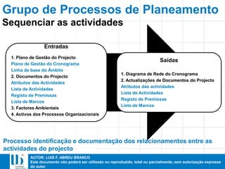 AUTOR: LUIS F. ABREU BRANCO
Este documento não poderá ser utilizado ou reproduzido, total ou parcialmente, sem autorização expressa
do autor
Entradas
1. Plano de Gestão do Projecto
Plano de Gestão do Cronograma
Linha de base do Âmbito
2. Documentos do Projecto
Atributos das Actividades
Lista de Actividades
Registo de Premissas
Lista de Marcos
3. Factores Ambientais
4. Activos dos Processos Organizacionais
Saídas
1. Diagrama de Rede do Cronograma
2. Actualizações de Documentos do Projecto
Atributos das actividades
Lista de Actividades
Registo de Premissas
Lista de Marcos
Processo identificação e documentação dos relacionamentos entre as
actividades do projecto
Sequenciar as actividades
Grupo de Processos de Planeamento
 