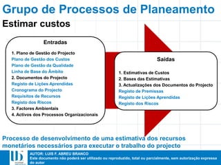 AUTOR: LUIS F. ABREU BRANCO
Este documento não poderá ser utilizado ou reproduzido, total ou parcialmente, sem autorização expressa
do autor
Entradas
1. Plano de Gestão do Projecto
Plano de Gestão dos Custos
Plano de Gestão da Qualidade
Linha de Base do Âmbito
2. Documentos do Projecto
Registo de Lições Aprendidas
Cronograma do Projecto
Requisitos de Recursos
Registo dos Riscos
3. Factores Ambientais
4. Activos dos Processos Organizacionais
Saídas
1. Estimativas de Custos
2. Bases das Estimativas
3. Actualizações dos Documentos do Projecto
Registo de Premissas
Registo de Lições Aprendidas
Registo dos Riscos
Processo de desenvolvimento de uma estimativa dos recursos
monetários necessários para executar o trabalho do projecto
Estimar custos
Grupo de Processos de Planeamento
 