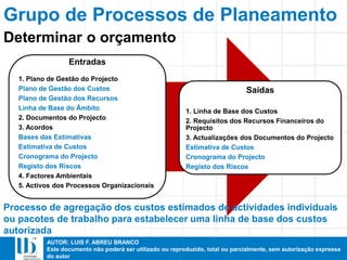 AUTOR: LUIS F. ABREU BRANCO
Este documento não poderá ser utilizado ou reproduzido, total ou parcialmente, sem autorização expressa
do autor
Entradas
1. Plano de Gestão do Projecto
Plano de Gestão dos Custos
Plano de Gestão dos Recursos
Linha de Base do Âmbito
2. Documentos do Projecto
3. Acordos
Bases das Estimativas
Estimativa de Custos
Cronograma do Projecto
Registo dos Riscos
4. Factores Ambientais
5. Activos dos Processos Organizacionais
Saídas
1. Linha de Base dos Custos
2. Requisitos dos Recursos Financeiros do
Projecto
3. Actualizações dos Documentos do Projecto
Estimativa de Custos
Cronograma do Projecto
Registo dos Riscos
Processo de agregação dos custos estimados de actividades individuais
ou pacotes de trabalho para estabelecer uma linha de base dos custos
autorizada
Determinar o orçamento
Grupo de Processos de Planeamento
 