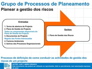 AUTOR: LUIS F. ABREU BRANCO
Este documento não poderá ser utilizado ou reproduzido, total ou parcialmente, sem autorização expressa
do autor
Entradas
1. Termo de abertura do Projecto
2. Plano de Gestão do Projecto
Todos os componentes disponíveis do
Plano de Gestão do Projecto
3. Documentos do Projecto
Registo das Partes Interessadas
4. Factores Ambientais
5. Activos dos Processos Organizacionais
Saídas
1. Plano de Gestão dos Riscos
Planear a gestão dos riscos
Grupo de Processos de Planeamento
Processo de definição de como conduzir as actividades de gestão dos
riscos de um projecto
 