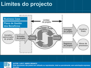 AUTOR: LUIS F. ABREU BRANCO
Este documento não poderá ser utilizado ou reproduzido, total ou parcialmente, sem autorização expressa
do autor
AUTOR: LUIS F. ABREU BRANCO
Este documento não poderá ser utilizado ou reproduzido, total ou parcialmente, sem autorização expressa
do autor
Limites do projecto
Business Case
Plano de Gestão
dos Benefícios
 