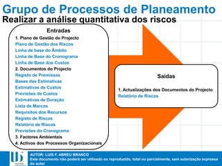 AUTOR: LUIS F. ABREU BRANCO
Este documento não poderá ser utilizado ou reproduzido, total ou parcialmente, sem autorização expressa
do autor
Entradas
1. Plano de Gestão do Projecto
Plano de Gestão dos Riscos
Linha de base do Âmbito
Linha de Base do Cronograma
Linha de Base dos Custos
2. Documentos do Projecto
Registo de Premissas
Bases das Estimativas
Estimativas de Custos
Previsões de Custos
Estimativas de Duração
Lista de Marcos
Requisitos dos Recursos
Registo de Riscos
Relatório de Riscos
Previsões do Cronograma
3. Factores Ambientais
4. Activos dos Processos Organizacionais
Saídas
1. Actualizações dos Documentos do Projecto
Relatório de Riscos
Realizar a análise quantitativa dos riscos
Grupo de Processos de Planeamento
 
