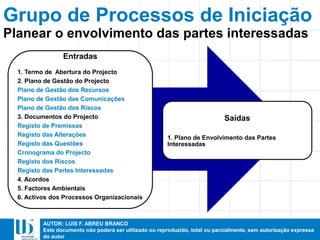 AUTOR: LUIS F. ABREU BRANCO
Este documento não poderá ser utilizado ou reproduzido, total ou parcialmente, sem autorização expressa
do autor
Grupo de Processos de Iniciação
Entradas
1. Termo de Abertura do Projecto
2. Plano de Gestão do Projecto
Plano de Gestão dos Recursos
Plano de Gestão das Comunicações
Plano de Gestão dos Riscos
3. Documentos do Projecto
Registo de Premissas
Registo das Alterações
Registo das Questões
Cronograma do Projecto
Registo dos Riscos
Registo das Partes Interessadas
4. Acordos
5. Factores Ambientais
6. Activos dos Processos Organizacionais
Saídas
1. Plano de Envolvimento das Partes
Interessadas
Planear o envolvimento das partes interessadas
 