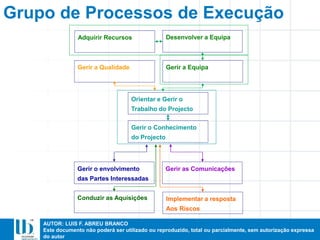 AUTOR: LUIS F. ABREU BRANCO
Este documento não poderá ser utilizado ou reproduzido, total ou parcialmente, sem autorização expressa
do autor
Grupo de Processos de Execução
Adquirir Recursos Desenvolver a Equipa
Gerir a Equipa
Gerir o Conhecimento
do Projecto
Gerir a Qualidade
Conduzir as Aquisições
Gerir o envolvimento
das Partes Interessadas
Gerir as Comunicações
Implementar a resposta
Aos Riscos
Orientar e Gerir o
Trabalho do Projecto
 