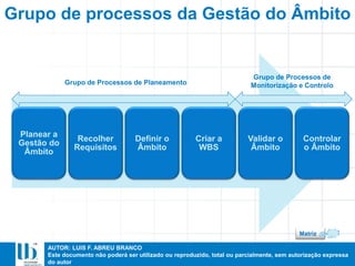 AUTOR: LUIS F. ABREU BRANCO
Este documento não poderá ser utilizado ou reproduzido, total ou parcialmente, sem autorização expressa
do autor
Planear a
Gestão do
Âmbito
Recolher
Requisitos
Definir o
Âmbito
Criar a
WBS
Validar o
Âmbito
Controlar
o Âmbito
Grupo de Processos de Planeamento
Grupo de Processos de
Monitorização e Controlo
Grupo de processos da Gestão do Âmbito
Caso 2
Matriz
 