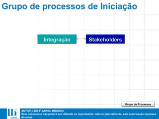 AUTOR: LUIS F. ABREU BRANCO
Este documento não poderá ser utilizado ou reproduzido, total ou parcialmente, sem autorização expressa
do autor
Grupo de processos de Iniciação
Integração Stakeholders
Grupo de Processos
 