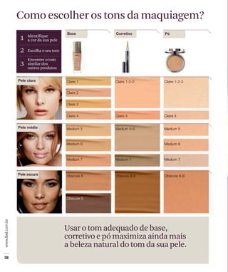 Como escolher os tons da maquiagem?
1 Identifique
a cor da sua pele
2 Escolha o seu tom
3
Encontre o tom
similar dos
outros produtos
Usar o tom adequado de base,
corretivo e pó maximiza ainda mais
a beleza natural do tom da sua pele.
 
