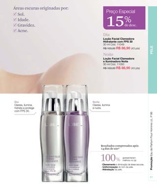 Sol.
Idade.
Gravidez.
Acne.
Áreas escuras originadas por:
15de desc.
%
Noite
%
Resultados comprovados após
14 dias de uso*
100
Dia
 