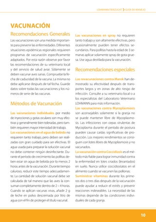 10
LOHMANN TIERZUCHT › Guía de manejo
10
Vacunación
Recomendaciones Generales
Las vacunaciones son una medida importan-
te para prevenir las enfermedades. Diferentes
situaciones epidémicas regionales requieren
programas de vacunación específicamente
adaptados. Por esta razón observe por favor
las recomendaciones de su veterinario local
y del servicio de salud aviar. Sólamente se
deben vacunar aves sanas. Compruebe la fe-
cha de caducidad de la vacuna. La misma no
debe aplicarse después de tal fecha. Guarde
datos sobre todas las vacunaciones y los nú-
meros de serie de las vacunas.
Métodos de Vacunación
Las vacunaciones individuales por medio
de inyecciones y gotas oculares son muy efec-
tivas y generalmente bien toleradas, pero tam-
bién requieren mayor intensidad de trabajo.
Las vacunaciones en el agua de bebida no
requieren tanto trabajo, pero deben ser reali-
zadas con gran cuidado para ser efectivas. El
agua usada para preparar la solución vacunal
no debe contener ningún desinfectante. Du-
rante el período de crecimiento las pollitas de-
ben estar sin agua de bebida por lo menos 2
horas antes de la vacunación. Durante tiempo
caluroso, reducir este tiempo adecuadamen-
te. La cantidad de solución vacunal debe ser
calculada de tal manera que las aves la con-
suman completamente dentro de 2 – 4 horas.
Cuando se aplican vacunas vivas, añadir 2 g
de leche en polvo descremada por litro de
agua con el fin de proteger el título vacunal.
Las vacunaciones en spray no requieren
tanto trabajo y son altamente efectivas, pero
ocasionalmente pueden tener efectos se-
cundarios. Para pollitas hasta la edad de 3 se-
manas aplicar solamente spray de gota grue-
sa. Use agua destilada para la vacunación.
Recomendaciones especiales
Las revacunaciones contra Marek han de-
mostrado su efectividad después de trans-
portes largos y en zonas de alto riesgo de
infección. Consulte a su veterinario local o a
los especialistas del Laboratorio Veterinario
LOHMANN para más información.
Las vacunaciones contra Mycoplasmosis
son aconsejables solamente si la granja no
se puede mantener libre de Mycoplasmo-
sis. Las infecciones con cepas virulentas de
Mycoplasma durante el período de postura
pueden causar caídas significativas de pro-
ducción. Los mejores rendimientos se consi-
guen con lotes libres de Mycoplasmosis y no
vacunados.
La vacunación contra Coccidiosis es el mé-
todo más fiable para lograr inmunidad contra
la enfermedad en lotes criados (levantados)
en suelo. Nunca utilice coccidiostatos en el
alimento cuando se vacunen las pollonas.
Suministrar vitaminas durante los prime-
ros dos o tres días después de la vacunación
puede ayudar a reducir el estrés y prevenir
reacciones indeseables. La necesidad de las
mismas depende de las condiciones indivi-
duales de cada granja.
 