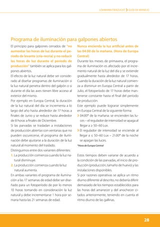 28
LOHMANN TIERZUCHT › Guía de manejo
28
El principio para galpones cerrados de “no
aumentar las horas de luz durante el pe-
ríodo de levante (cría-recría) y no reducir
las horas de luz durante el período de
producción” también se aplica para los gal-
pones abiertos.
El efecto de la luz natural debe ser conside-
rado al diseñar programas de iluminación si
la luz natural penetra dentro del galpón o si
durante el día las aves tienen libre acceso al
exterior del mismo.
Por ejemplo en Europa Central, la duración
de la luz natural del día se incrementa a lo
largo del año hasta alrededor de 17 horas a
finales de Junio y se reduce hasta alrededor
de 8 horas a finales de Diciembre.
Si las parvadas se trasladan a instalaciones
de producción abiertas con ventanas que no
pueden oscurecerse, el programa de ilumi-
nación debe ajustarse a la duración de la luz
natural al momento del traslado.
Distinguimos entre dos variantes diferentes:
1. La producción comienza cuando la luz na-
tural disminuye.
2. La producción comienza cuando la luz
natural aumenta.
En ambas variantes el programa de ilumina-
ción a las 17 semanas de edad debe ser dise-
ñado para un fotoperíodo de por lo menos
10 horas tomando en consideración la luz
natural y debe incrementarse 1 hora por se-
mana hasta las 21 semanas de edad.
Nunca encienda la luz artificial antes de
las 04.00 de la mañana. (Hora de Europa
Central)
Durante los meses de primavera, el progra-
ma de iluminación es afectado por el incre-
mento natural de la luz del día y se extiende
gradualmente hasta alrededor de 17 horas.
Cuando la duración de la luz natural comien-
za a disminuir en Europa Central a partir de
Julio, el fotoperíodo de 17 horas debe man-
tenerse constante hasta el final del período
de producción.
Este ejemplo puede lograrse simplemente
en Europa Central de la siguiente forma:
› 04.00* de la mañana: se encienden las lu-
ces – el regulador de intensidad se apaga al
llegar a ≥ 50–60 Lux.
› El regulador de intensidad se enciende al
llegar a ≤ 50–60 Lux – 21.00* de la noche
se apagan las luces.
*Hora de Europa Central
Estos tiempos deben variarse de acuerdo a
la condición de las parvadas, el inicio de pro-
ducción (producción, tamaño de huevo) y las
instalaciones disponibles.
Si por razones operativas se aplica un ritmo
diurno diferente al descrito, no debería diferir
demasiado de los tiempos establecidos para
las horas del amanecer y del anochecer ci-
tados anteriormente, teniendo en cuenta el
ritmo diurno de las gallinas.
Programa de iluminación para galpones abiertos
 