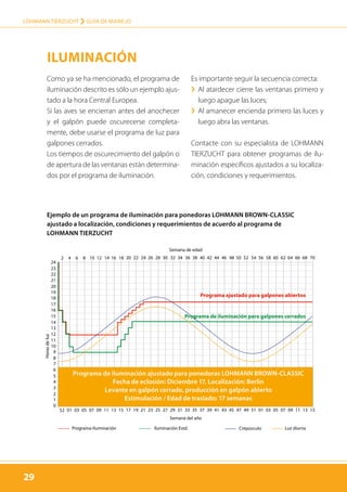 29
LOHMANN TIERZUCHT › guía de manejo
29
Como ya se ha mencionado, el programa de
iluminación descrito es sólo un ejemplo ajus-
tado a la hora Central Europea.
Si las aves se encierran antes del anochecer
y el galpón puede oscurecerse completa-
mente, debe usarse el programa de luz para
galpones cerrados.
Los tiempos de oscurecimiento del galpón o
de apertura de las ventanas están determina-
dos por el programa de iluminación.
Es importante seguir la secuencia correcta:
›› Al atardecer cierre las ventanas primero y
luego apague las luces;
›› Al amanecer encienda primero las luces y
luego abra las ventanas.
Contacte con su especialista de LOHMANN
TIERZUCHT para obtener programas de ilu-
minación específicos ajustados a su localiza-
ción, condiciones y requerimientos.
2 4 6 8 10 12 14 16 18 20 22 24 26 28 30 32 34 36 38 40 42 44 46 48 50 52 54 56 58 60 62 64 66 68 70
52 07050301 09 11 13 15 17 19 21 23 25 27 29 31 33
Semana del año
Semana de edad
35 37 39 41 43 45 47 49 51 01 03 05 07 09 11 13 15
24
23
22
21
20
19
18
17
16
15
14
13
12
11
10
9
8
7
6
5
4
3
2
1
0
Iluminación Estd. Luz diurnaPrograma-Iluminación Crepúsculo
Horasdeluz
Programa de iluminación para galpones cerrados
Programa ajustado para galpones abiertos
Ejemplo de un programa de iluminación para ponedoras LOHMANN BROWN-CLASSIC
ajustado a localización, condiciones y requerimientos de acuerdo al programa de
LOHMANN TIERZUCHT
Programa de iluminación ajustado para ponedoras LOHMANN BROWN-CLASSIC
Fecha de eclosión: Diciembre 17, Localización: Berlín
Levante en galpón cerrado, producción en galpón abierto
Estimulación / Edad de traslado: 17 semanas
Iluminación
 