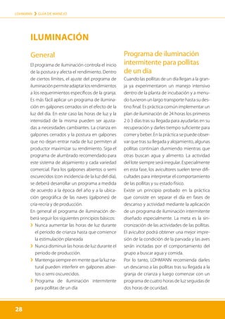 28
LOHMANN › GUÍA DE MANEJO
28
El programa de iluminación controla el inicio
de la postura y afecta el rendimiento. Dentro
de ciertos límites, el ajuste del programa de
iluminaciónpermiteadaptarlosrendimientos
a los requerimientos específicos de la granja.
Es más fácil aplicar un programa de ilumina-
ción en galpones cerrados sin el efecto de la
luz del día. En este caso las horas de luz y la
intensidad de la misma pueden ser ajusta-
das a necesidades cambiantes. La crianza en
galpones cerrados y la postura en galpones
que no dejan entrar nada de luz permiten al
productor maximizar su rendimiento. Siga el
programa de alumbrado recomendado para
este sistema de alojamiento y cada variedad
comercial. Para los galpones abiertos o semi
oscurecidos (con incidencia de la luz del día),
se deberá desarrollar un programa a medida
de acuerdo a la época del año y a la ubica-
ción geográfica de las naves (galpones) de
cría-recría y de producción.
En general el programa de iluminación de-
berá seguir los siguientes principios básicos:
	
› 
Nunca aumentar las horas de luz durante
el período de crianza hasta que comience
la estimulación planeada
	
› Nunca disminuir las horas de luz durante el
período de producción.
	
› Mantenga siempre en mente que la luz na-
tural pueden interferir en galpones abier-
tos o semi oscurecidos.
	
› 
Programa de iluminación intermitente
para pollitas de un día
Programa de iluminación
intermitente para pollitas
de un día
Cuando las pollitas de un día llegan a la gran-
ja ya experimentaron un manejo intensivo
dentro de la planta de incubación y a menu-
do tuvieron un largo transporte hasta su des-
tino final. Es práctica común implementar un
plan de iluminación de 24 horas los primeros
2 ó 3 días tras su llegada para ayudarlas en su
recuperación y darles tiempo suficiente para
comer y beber. En la práctica se puede obser-
var que tras su llegada y alojamiento, algunas
pollitas continúan durmiendo mientras que
otras buscan agua y alimento. La actividad
del lote siempre será irregular. Especialmente
en esta fase, los avicultores suelen tener difi-
cultades para interpretar el comportamiento
de las pollitas y su estado físico.
Existe un principio probado en la práctica
que consiste en separar el día en fases de
descanso y actividad mediante la aplicación
de un programa de iluminación intermitente
diseñado especialmente. La meta es la sin-
cronización de las actividades de las pollitas.
El avicultor podrá obtener una mejor impre-
sión de la condición de la parvada y las aves
serán incitadas por el comportamiento del
grupo a buscar agua y comida.
Por lo tanto, LOHMANN recomienda darles
un descanso a las pollitas tras su llegada a la
granja de crianza y luego comenzar con un
programa de cuatro horas de luz seguidas de
dos horas de ocuridad.
ILUMINACIÓN
General
 