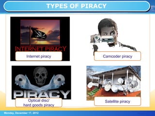 TYPES OF PIRACY




                Internet piracy           Camcoder piracy




                Optical disc/              Satellite piracy
              hard goods piracy
Monday, December 17, 2012                                     Page: 12
 