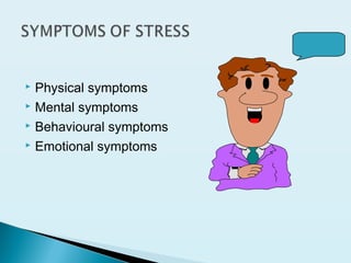  Physical symptoms
 Mental symptoms
 Behavioural symptoms
 Emotional symptoms
 