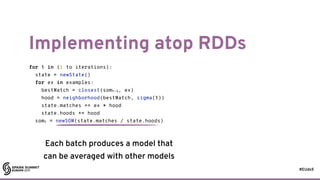 #EUds5
Implementing atop RDDs
27
for t in (1 to iterations):
state = newState()
for ex in examples:
bestMatch = closest(so...