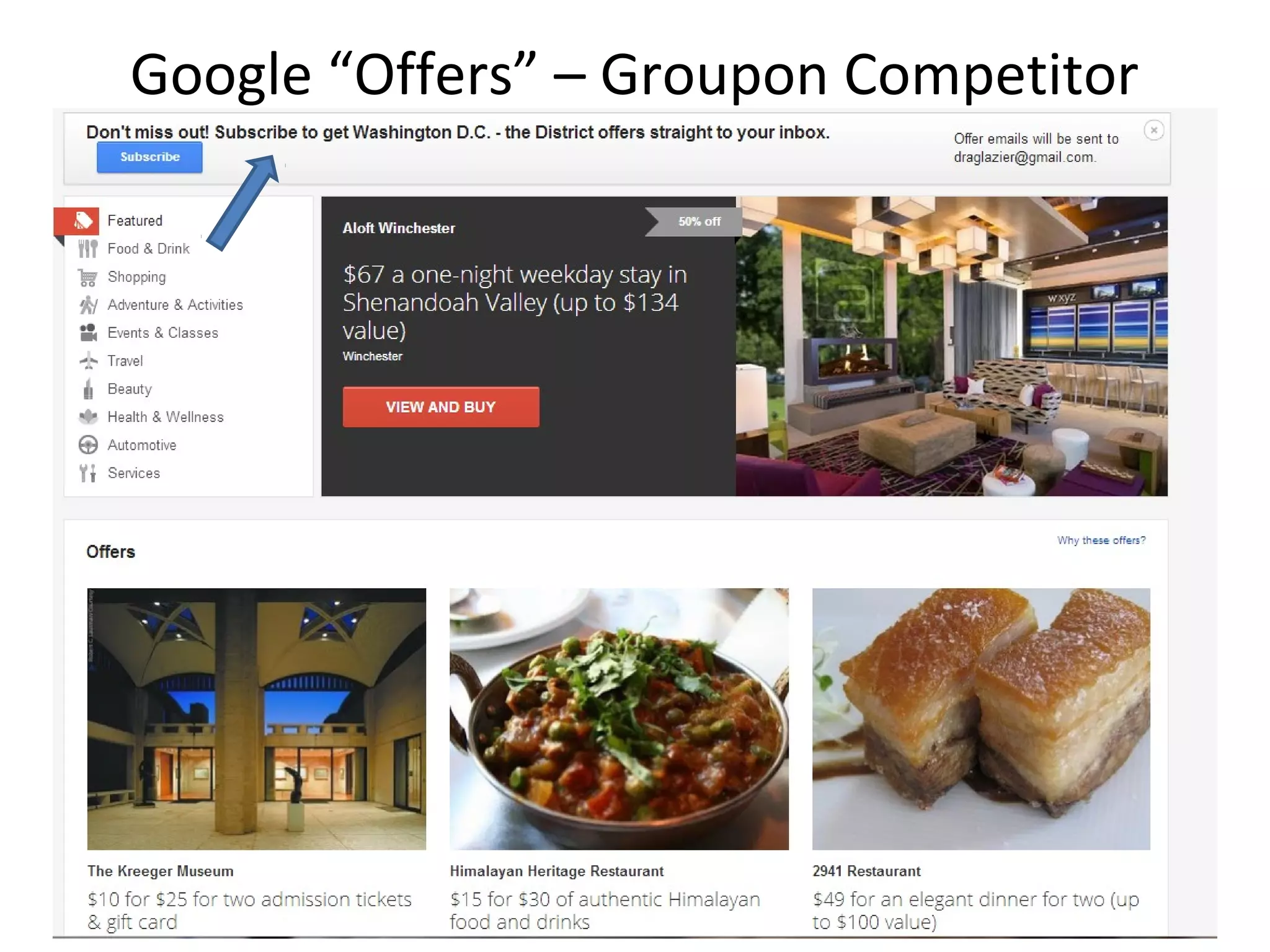 Google “Offers” – Groupon Competitor
• Groupon-Like Offers
 