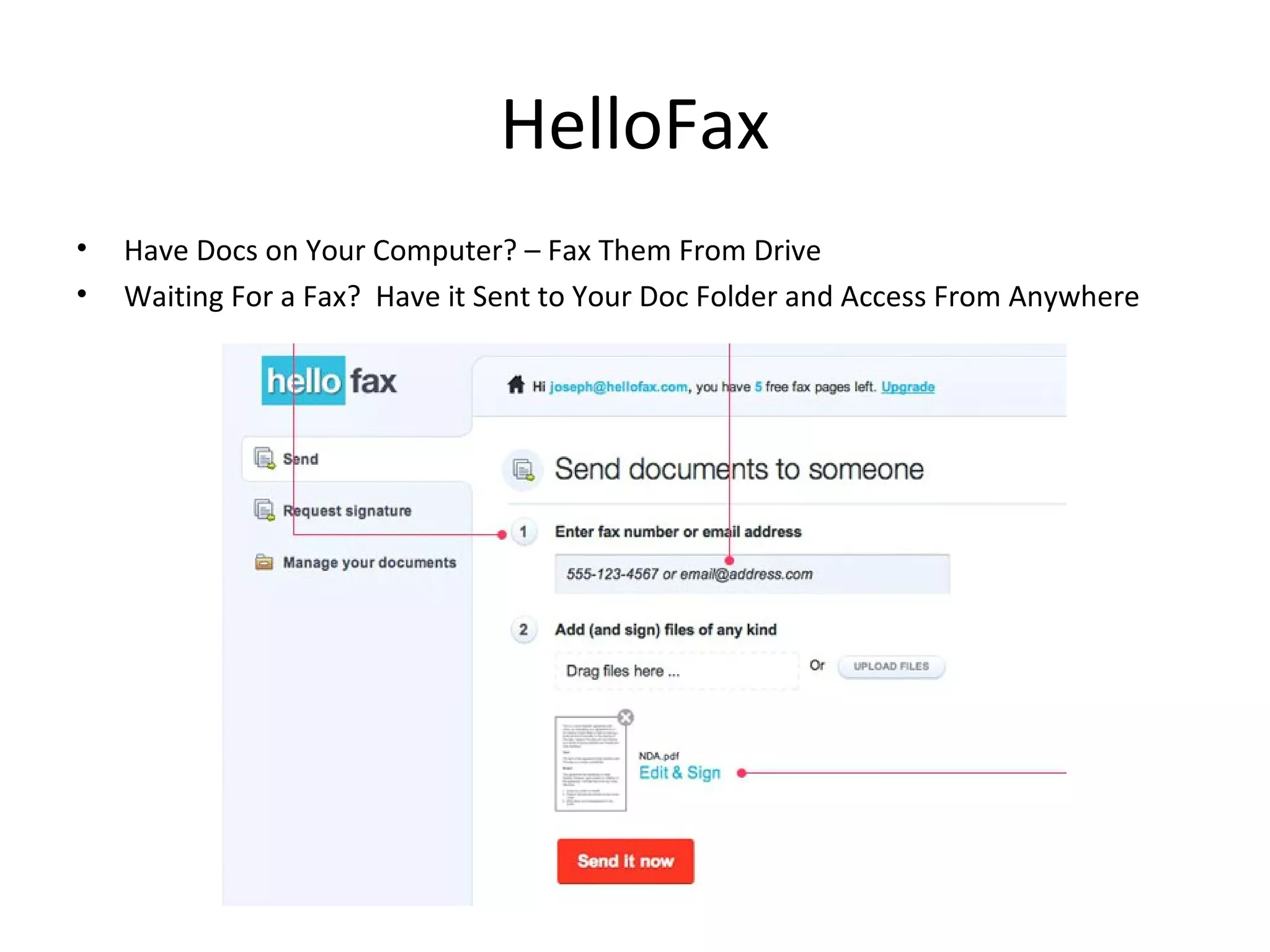 HelloFax
• Have Docs on Your Computer? – Fax Them From Drive
• Waiting For a Fax? Have it Sent to Your Doc Folder and Access From Anywhere
 
