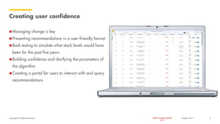 Copyright of Shell International SPARK SUMMIT EUROPE
2017
Creating user confidence
 Managing change is key
 Presenting recommendations in a user-friendly format
 Back testing to simulate what stock levels would have
been for the past five years
 Building confidence and clarifying the parameters of
the algorithm
 Creating a portal for users to interact with and query
recommendations
October 2017 4
 