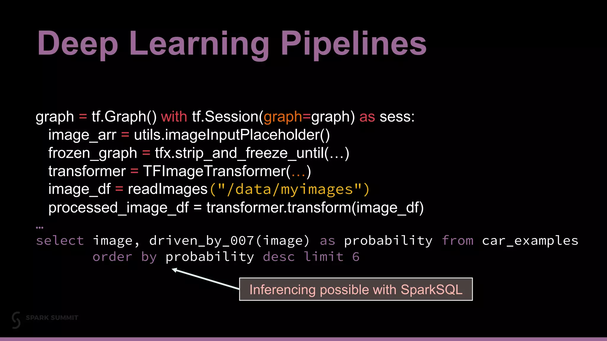 Deep Learning Pipelines
19#EUai8
graph = tf.Graph() with tf.Session(graph=graph) as sess:
image_arr = utils.imageInputPlaceholder()
frozen_graph = tfx.strip_and_freeze_until(…)
transformer = TFImageTransformer(…)
image_df = readImages("/data/myimages")
processed_image_df = transformer.transform(image_df)
…
select image, driven_by_007(image) as probability from car_examples
order by probability desc limit 6
Inferencing possible with SparkSQL
 