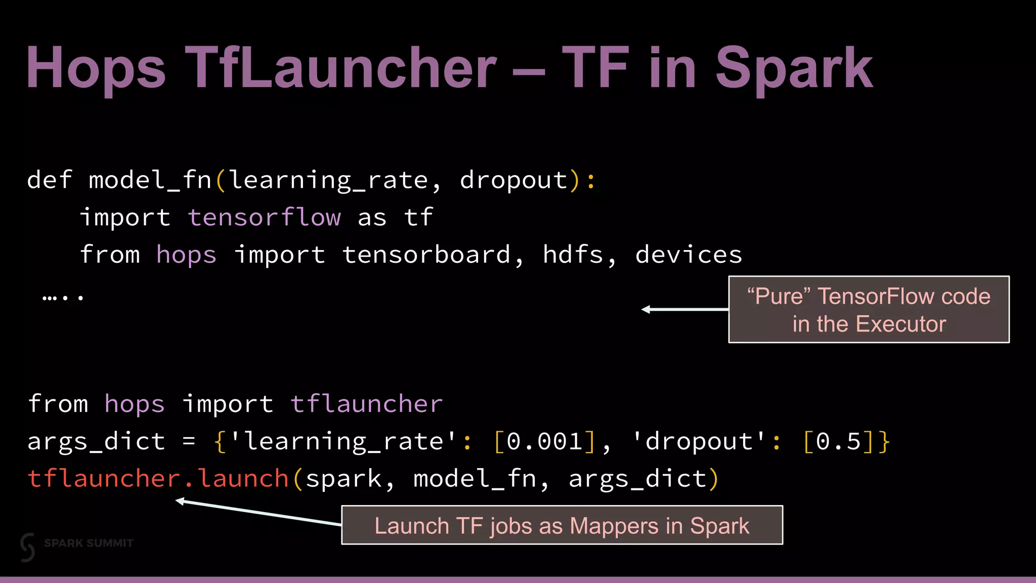 Hops TfLauncher – TF in Spark
def model_fn(learning_rate, dropout):
import tensorflow as tf
from hops import tensorboard, hdfs, devices
…..
from hops import tflauncher
args_dict = {'learning_rate': [0.001], 'dropout': [0.5]}
tflauncher.launch(spark, model_fn, args_dict)
20
Launch TF jobs as Mappers in Spark
“Pure” TensorFlow code
in the Executor
 