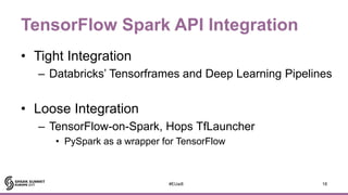 TensorFlow Spark API Integration
• Tight Integration
– Databricks’ Tensorframes and Deep Learning Pipelines
• Loose Integration
– TensorFlow-on-Spark, Hops TfLauncher
• PySpark as a wrapper for TensorFlow
18#EUai8
 