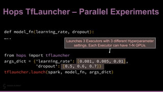 Hops TfLauncher – Parallel Experiments
21#EUai8
def model_fn(learning_rate, dropout):
…..
from hops import tflauncher
args_dict = {'learning_rate': [0.001, 0.005, 0.01],
'dropout': [0.5, 0.6, 0.7]}
tflauncher.launch(spark, model_fn, args_dict)
Launches 3 Executors with 3 different Hyperparameter
settings. Each Executor can have 1-N GPUs.
 