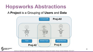 Proj-42
Hopsworks Abstractions
40
A Project is a Grouping of Users and Data
Proj-X
Shared TopicTopic /Projs/My/Data
Proj-AllCompanyDB
Ismail et al, Hopsworks: Improving User Experience and Development on Hadoop with Scalable, Strongly Consistent Metadata, ICDCS 2017
 