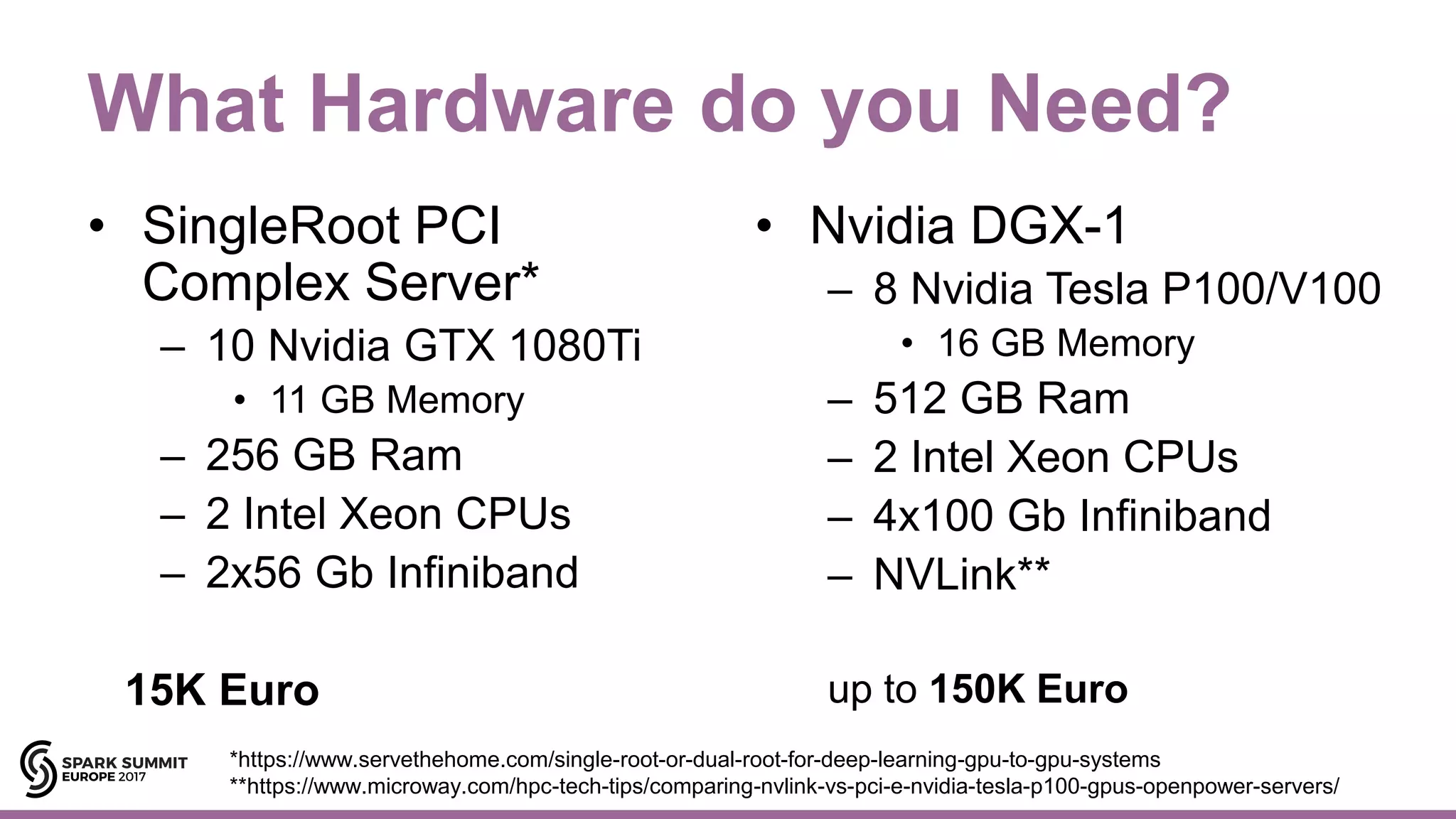What Hardware do you Need?
• SingleRoot PCI
Complex Server*
– 10 Nvidia GTX 1080Ti
• 11 GB Memory
– 256 GB Ram
– 2 Intel Xeon CPUs
– 2x56 Gb Infiniband
15K Euro
• Nvidia DGX-1
– 8 Nvidia Tesla P100/V100
• 16 GB Memory
– 512 GB Ram
– 2 Intel Xeon CPUs
– 4x100 Gb Infiniband
– NVLink**
up to 150K Euro
*https://www.servethehome.com/single-root-or-dual-root-for-deep-learning-gpu-to-gpu-systems
**https://www.microway.com/hpc-tech-tips/comparing-nvlink-vs-pci-e-nvidia-tesla-p100-gpus-openpower-servers/
 