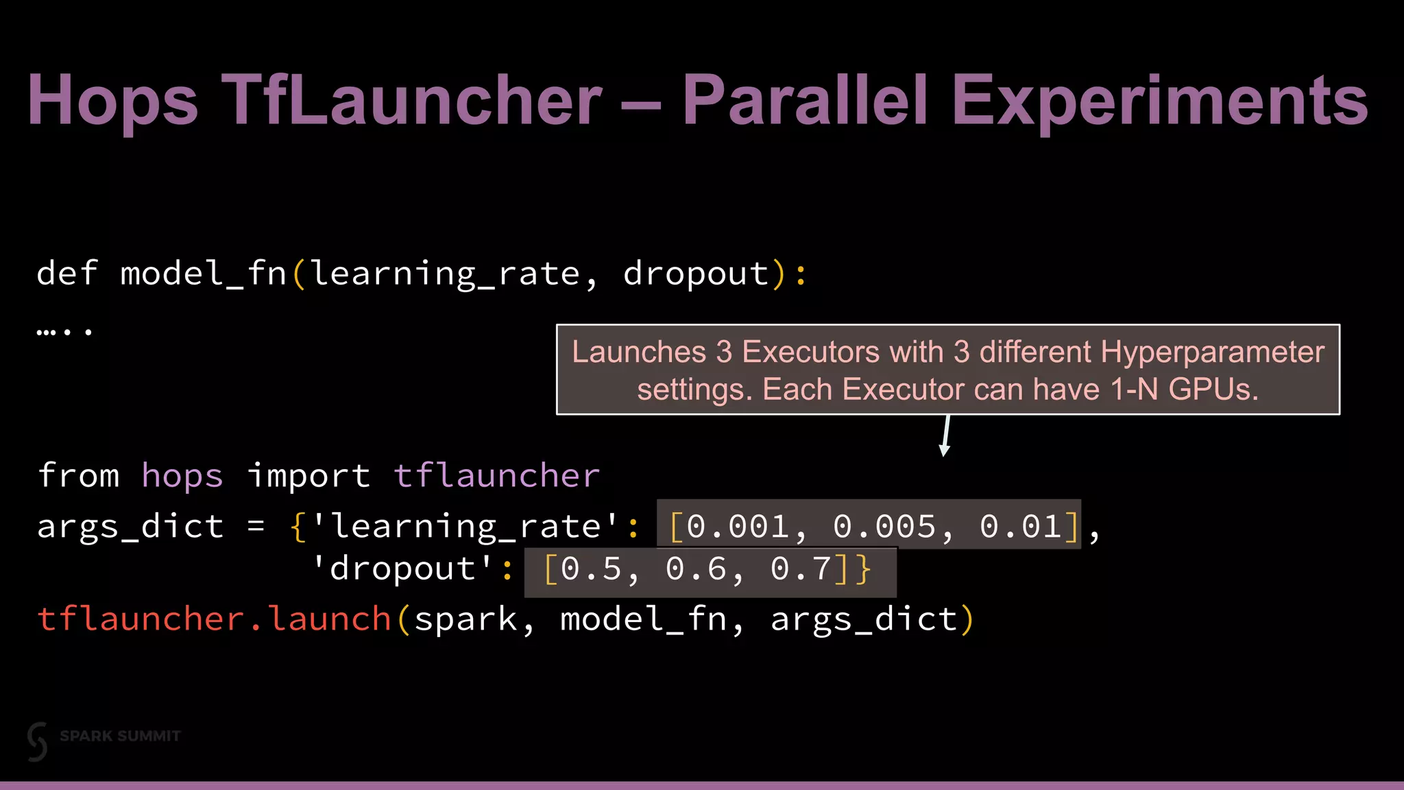 Hops TfLauncher – Parallel Experiments
21#EUai8
def model_fn(learning_rate, dropout):
…..
from hops import tflauncher
args_dict = {'learning_rate': [0.001, 0.005, 0.01],
'dropout': [0.5, 0.6, 0.7]}
tflauncher.launch(spark, model_fn, args_dict)
Launches 3 Executors with 3 different Hyperparameter
settings. Each Executor can have 1-N GPUs.
 