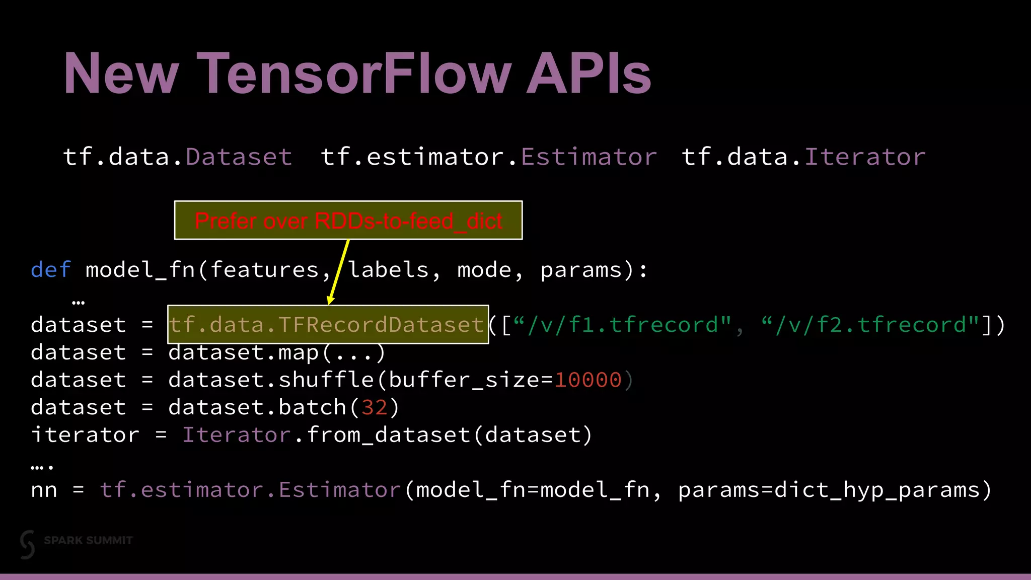 New TensorFlow APIs
tf.data.Dataset tf.estimator.Estimator tf.data.Iterator
22#EUai8
def model_fn(features, labels, mode, params):
…
dataset = tf.data.TFRecordDataset([“/v/f1.tfrecord", “/v/f2.tfrecord"])
dataset = dataset.map(...)
dataset = dataset.shuffle(buffer_size=10000)
dataset = dataset.batch(32)
iterator = Iterator.from_dataset(dataset)
….
nn = tf.estimator.Estimator(model_fn=model_fn, params=dict_hyp_params)
Prefer over RDDs-to-feed_dict
 
