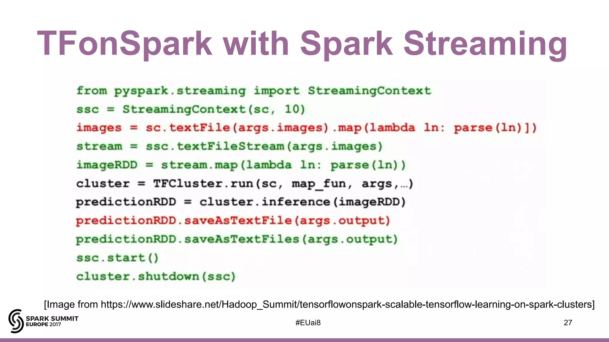 TFonSpark with Spark Streaming
27#EUai8
[Image from https://www.slideshare.net/Hadoop_Summit/tensorflowonspark-scalable-tensorflow-learning-on-spark-clusters]
 