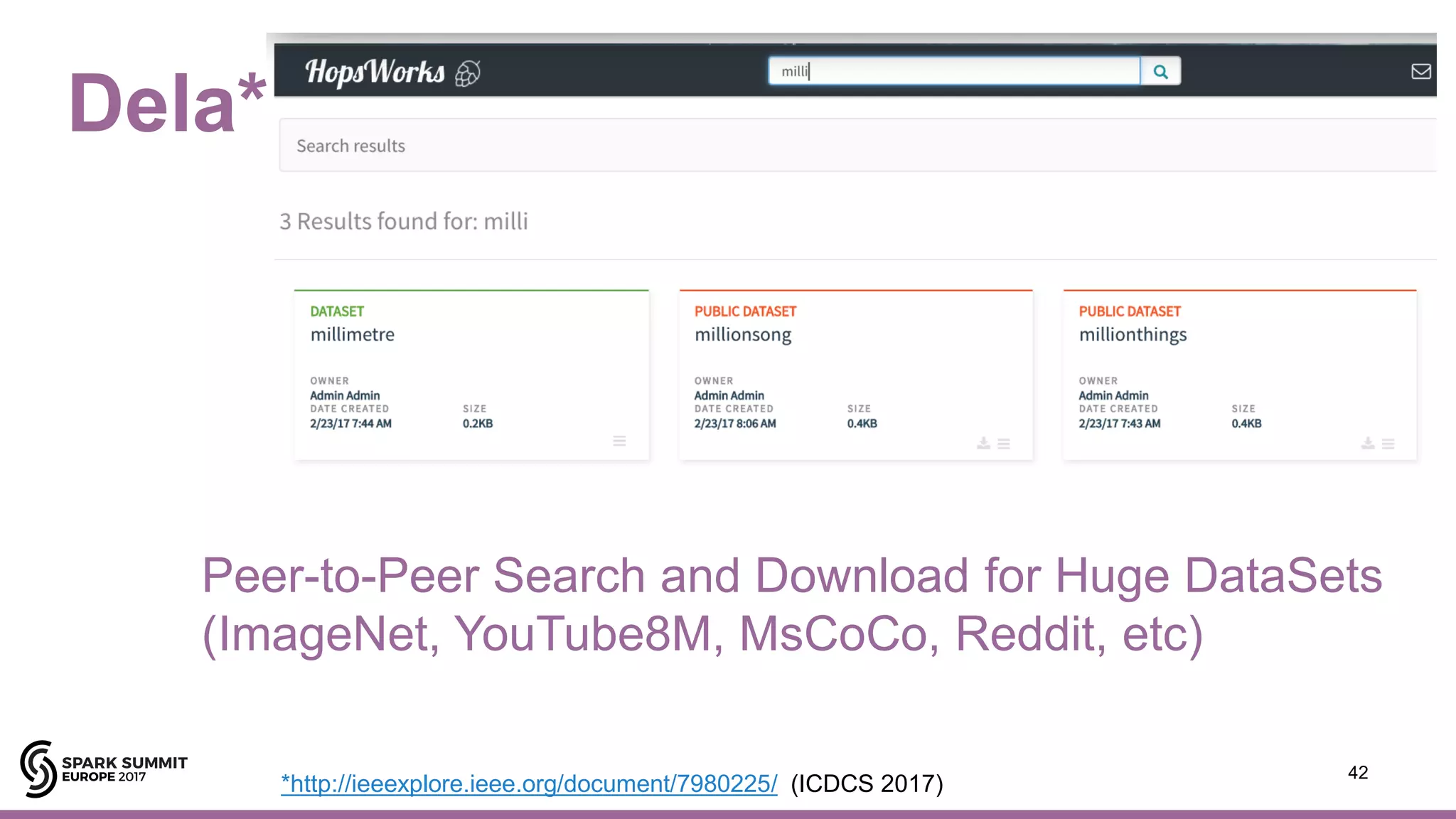 Dela*
42
Peer-to-Peer Search and Download for Huge DataSets
(ImageNet, YouTube8M, MsCoCo, Reddit, etc)
*http://ieeexplore.ieee.org/document/7980225/ (ICDCS 2017)
 
