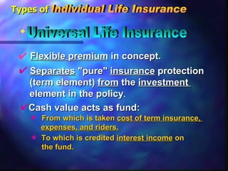 Flexible premium  in concept . Universal Life Insurance From which is taken  cost of term insurance,  expenses, and riders. Separates  "pure"  insurance  protection  (term element)  from  the  investment  element in the policy . Cash value acts as fund: To which is credited  interest income  on  the fund. Types of Individual Life Insurance 