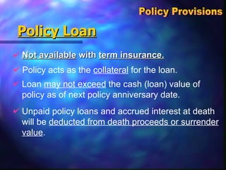Policy Loan Not available  with  term insurance. Policy Provisions  Policy acts as the  collateral  for the loan. Loan  may not exceed  the cash (loan) value of policy as of next policy anniversary date. Unpaid policy loans and accrued interest at death will be  deducted from death proceeds or surrender value . 