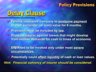Delay Clause Permits insurance company to  postpone payment   of cash surrender (or loan) value for 6 months. Policy Provisions  Hint:  Financial solvency of insurer should be considered . Potentially could  affect liquidity  of cash or loan values. Expected to be invoked only under most  severe circumstances. Protects insurer  against losses that might develop  from excess demands for cash in times of economic  crisis. Provision must be included by  law . 