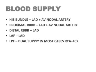 BLOOD SUPPLY
• HIS BUNDLE – LAD + AV NODAL ARTERY
• PROXIMAL RBBB – LAD + AV NODAL ARTERY
• DISTAL RBBB – LAD
• LAF – LAD
• LPF – DUAL SUPPLY IN MOST CASES RCA+LCX
 