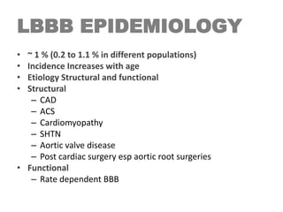 LBBB EPIDEMIOLOGY
• ~ 1 % (0.2 to 1.1 % in different populations)
• Incidence Increases with age
• Etiology Structural and functional
• Structural
– CAD
– ACS
– Cardiomyopathy
– SHTN
– Aortic valve disease
– Post cardiac surgery esp aortic root surgeries
• Functional
– Rate dependent BBB
 