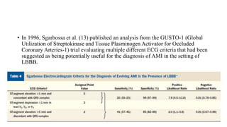 • In 1996, Sgarbossa et al. (13) published an analysis from the GUSTO-1 (Global
Utilization of Streptokinase and Tissue Plasminogen Activator for Occluded
Coronary Arteries-1) trial evaluating multiple different ECG criteria that had been
suggested as being potentially useful for the diagnosis of AMI in the setting of
LBBB.
 