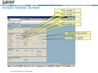 © The Lubrizol Corporation 2011, all rights reserved
Vendor Master Screen
Tax code 4
Tax code 3
Tax code 1
Tax code 2
Sole Proprietor
Tax Split
 
