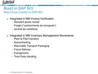 © The Lubrizol Corporation 2011, all rights reserved
 Integrated in MM Invoice Verification
– Standard goods receipt
– Freight (“conhecimento de transporte”)
– several tax conditions
 Integrated in MM Inventory Management Movements
– Plant to Plant transfers
– Subcontracting
– Returnable Transport Packaging
– Future Delivery
– Consignment
– Third Party Handling
Brazil in SAP R/3
Nota Fiscal Creation in SAP R/3
 