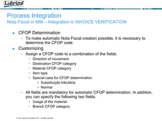 © The Lubrizol Corporation 2011, all rights reserved
Process Integration
Nota Fiscal in MM – Integration in INVOICE VERIFICATION
 CFOP Determination
– To make automatic Nota Fiscal creation possible, it is necessary to
determine the CFOP code
 Customizing
– Assign a CFOP code to a combination of the fields:
• Direction of movement
• Destination CFOP category
• Material CFOP category
• Item type
• Special case for CFOP determination
 Substituição tributária
 Normal
– All fields are mandatory for automatic CFOP determination. In addition,
you can specify the following two fields.
• Usage of the material
• Branch CFOP category
 