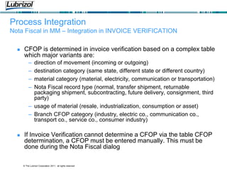 © The Lubrizol Corporation 2011, all rights reserved
Process Integration
Nota Fiscal in MM – Integration in INVOICE VERIFICATION
 CFOP is determined in invoice verification based on a complex table
which major variants are:
– direction of movement (incoming or outgoing)
– destination category (same state, different state or different country)
– material category (material, electricity, communication or transportation)
– Nota Fiscal record type (normal, transfer shipment, returnable
packaging shipment, subcontracting, future delivery, consignment, third
party)
– usage of material (resale, industrialization, consumption or asset)
– Branch CFOP category (industry, electric co., communication co.,
transport co., service co., consumer industry)
 If Invoice Verification cannot determine a CFOP via the table CFOP
determination, a CFOP must be entered manually. This must be
done during the Nota Fiscal dialog
 