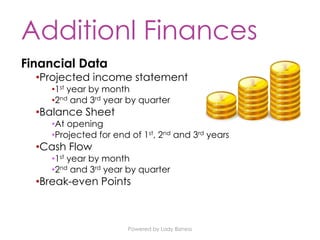 Powered by Lady Bizness
Additionl Finances
Financial Data
•Projected income statement
•1st year by month
•2nd and 3rd year by quarter
•Balance Sheet
•At opening
•Projected for end of 1st, 2nd and 3rd years
•Cash Flow
•1st year by month
•2nd and 3rd year by quarter
•Break-even Points
 
